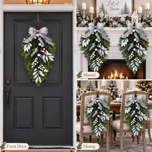 2 PCS Christmas Cedar Pine Teardrop Swag Wreath for Front Door Decorations, alternate view 6