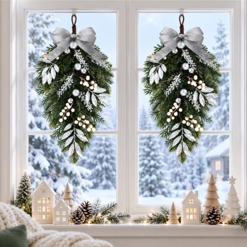 2 PCS Christmas Cedar Pine Teardrop Swag Wreath for Front Door Decorations, alternate view 7