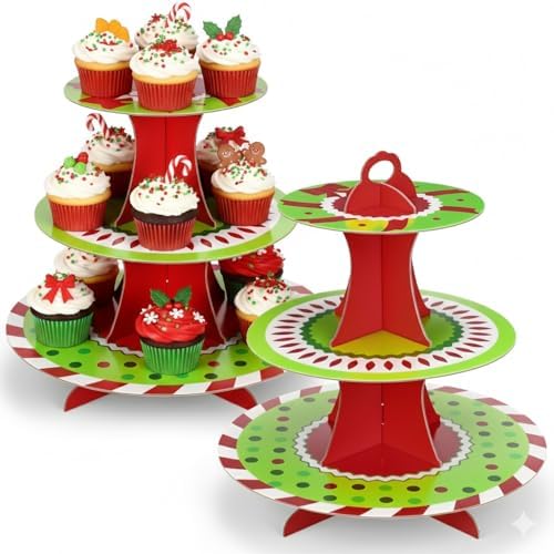 2 Pcs Christmas Cupcake Stand 3 Tier in Green