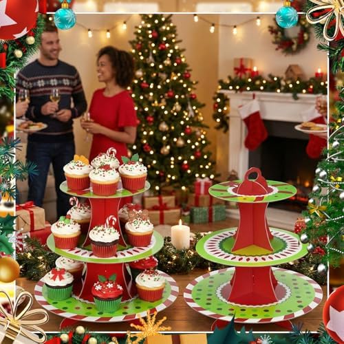 2 Pcs Christmas Cupcake Stand 3 Tier in Green, alternate view 2