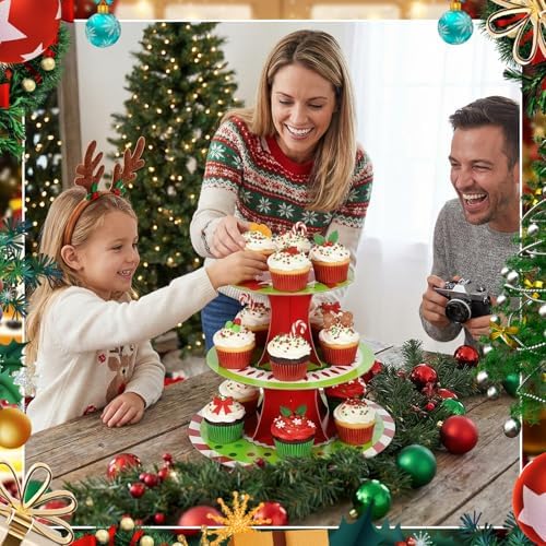 2 Pcs Christmas Cupcake Stand 3 Tier in Green, alternate view 6