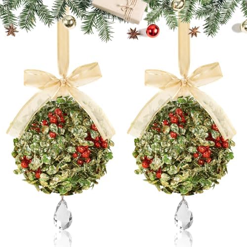 2 PCS Christmas Mistletoe Decoration Artificial Mistletoe Hanging Crystal Ornament Kissing Ball with Berry Bow