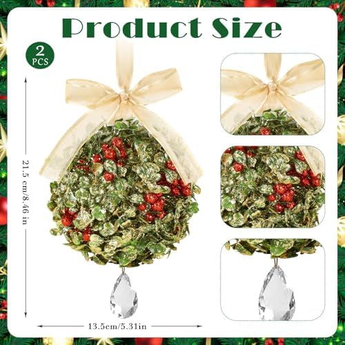 2 PCS Christmas Mistletoe Decoration Artificial Mistletoe Hanging Crystal Ornament Kissing Ball with Berry Bow, alternate