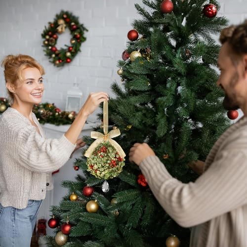 2 PCS Christmas Mistletoe Decoration Artificial Mistletoe Hanging Crystal Ornament Kissing Ball with Berry Bow, alternate