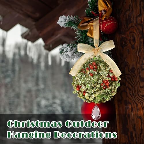 2 PCS Christmas Mistletoe Decoration Artificial Mistletoe Hanging Crystal Ornament Kissing Ball with Berry Bow, alternate