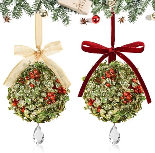2 PCS Christmas Mistletoe Decoration Artificial Mistletoe Hanging Crystal Ornament Kissing Ball with Berry Bow