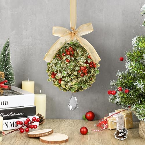 2 PCS Christmas Mistletoe Decoration Artificial Mistletoe Hanging Crystal Ornament Kissing Ball with Berry Bow, alternate