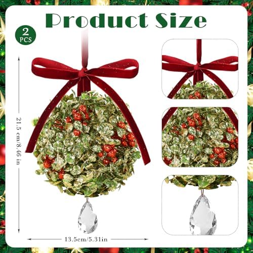2 PCS Christmas Mistletoe Decoration Artificial Mistletoe Hanging Crystal Ornament Kissing Ball with Berry Bow, alternate