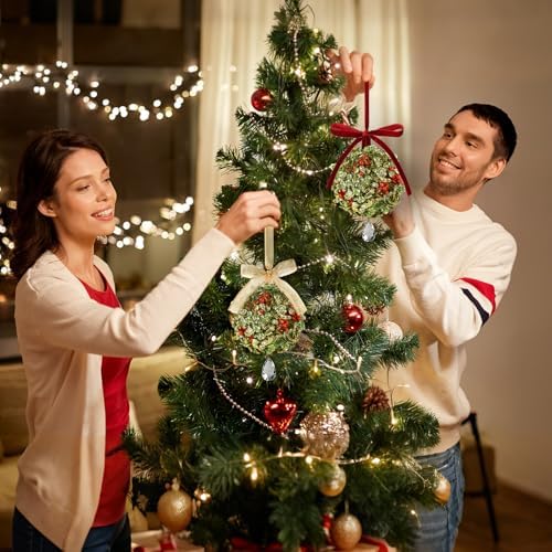 2 PCS Christmas Mistletoe Decoration Artificial Mistletoe Hanging Crystal Ornament Kissing Ball with Berry Bow, alternate