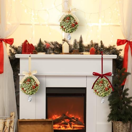 2 PCS Christmas Mistletoe Decoration Artificial Mistletoe Hanging Crystal Ornament Kissing Ball with Berry Bow, alternate