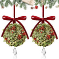 2 PCS Christmas Mistletoe Decoration Artificial Mistletoe Hanging Crystal Ornament Kissing Ball with Berry Bow