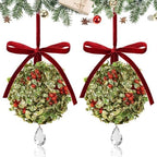 2 PCS Christmas Mistletoe Decoration Artificial Mistletoe Hanging Crystal Ornament Kissing Ball with Berry Bow
