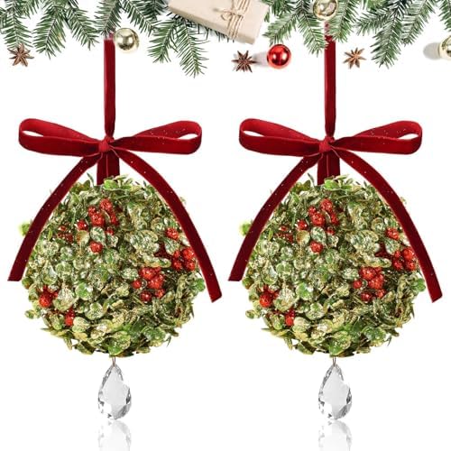 2 PCS Christmas Mistletoe Decoration Artificial Mistletoe Hanging Crystal Ornament Kissing Ball with Berry Bow