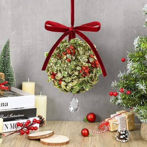 2 PCS Christmas Mistletoe Decoration Artificial Mistletoe Hanging Crystal Ornament Kissing Ball with Berry Bow, alternate