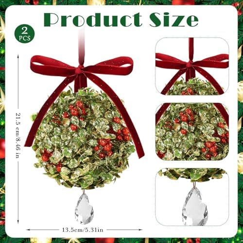 2 PCS Christmas Mistletoe Decoration Artificial Mistletoe Hanging Crystal Ornament Kissing Ball with Berry Bow, alternate