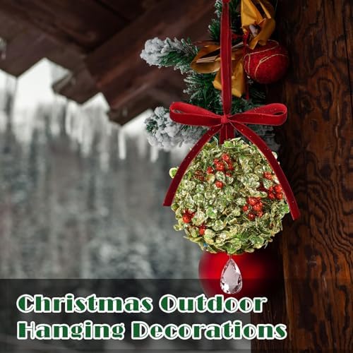 2 PCS Christmas Mistletoe Decoration Artificial Mistletoe Hanging Crystal Ornament Kissing Ball with Berry Bow, alternate