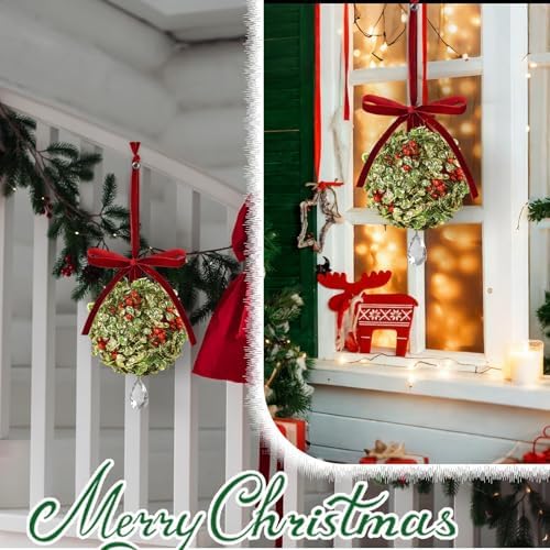 2 PCS Christmas Mistletoe Decoration Artificial Mistletoe Hanging Crystal Ornament Kissing Ball with Berry Bow, alternate