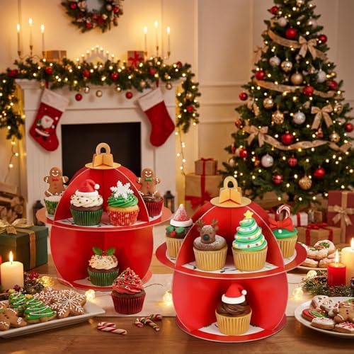 2 Pcs Christmas Red Cupcake Stand 2 Tier in Red, alternate view 2
