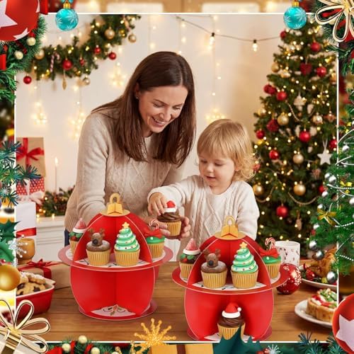 2 Pcs Christmas Red Cupcake Stand 2 Tier in Red, alternate view 6