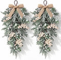 2 PCS Christmas Snow Frosted Cedar Teardrop Swag Front Door Wreath with Bow in Frosted Greenery