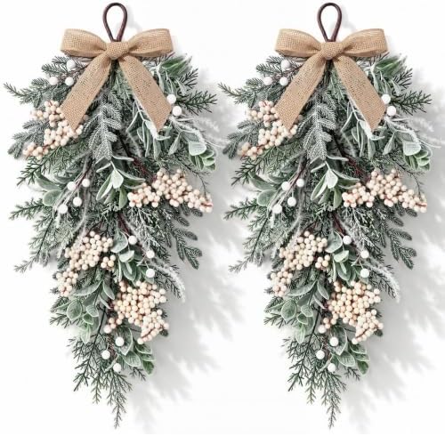 2 PCS Christmas Snow Frosted Cedar Teardrop Swag Front Door Wreath with Bow in Frosted Greenery