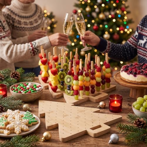 2 Pcs Christmas Tree Skewer Holder with 100 Pcs 5.9" Cocktail Pick, 98 Holes Xmas Fruit Kabobs Appetizer Food, alternate view