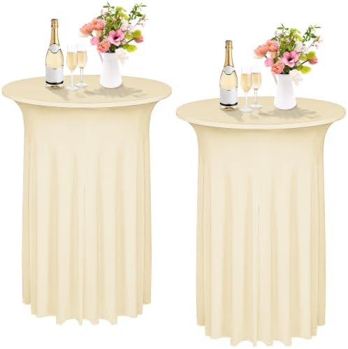 2 Pcs Cocktail Table Skirt 32x43 Spandex Table Cover, Champagne in Champagne