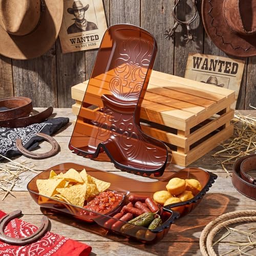 2 Pcs Cowboy Boot Serving Trays Western Theme Party Decorations Brown Plastic Boot Shaped Plates Dessert Platter, alternate