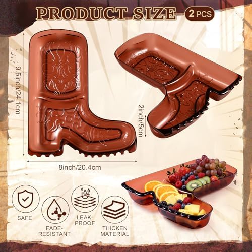2 Pcs Cowboy Boot Serving Trays Western Theme Party Decorations Brown Plastic Boot Shaped Plates Dessert Platter, alternate