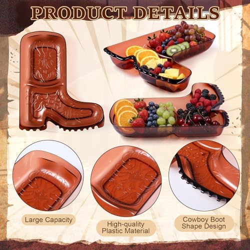 2 Pcs Cowboy Boot Serving Trays Western Theme Party Decorations Brown Plastic Boot Shaped Plates Dessert Platter, alternate