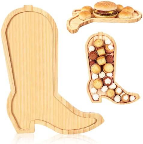 2 Pcs Cowboy Boots Charcuterie Boards Wooden Serving Tray Platters in 11.69x8.82 Inch in Natural