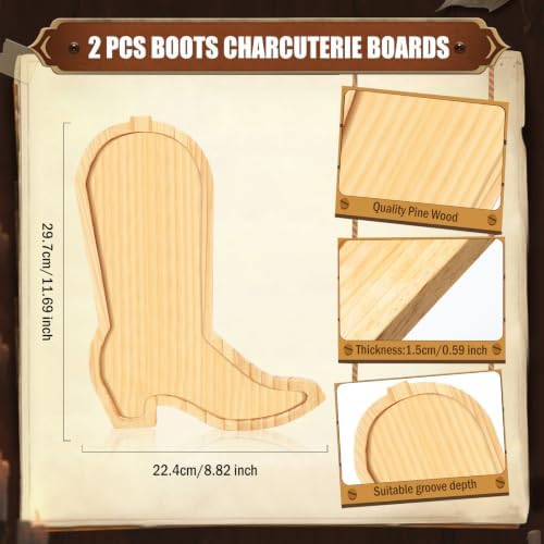 2 Pcs Cowboy Boots Charcuterie Boards Wooden Serving Tray Platters in 11.69x8.82 Inch in Natural, alternate view 3