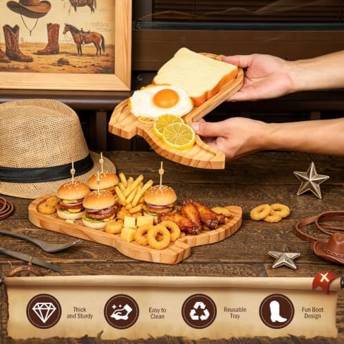 2 Pcs Cowboy Boots Charcuterie Boards Wooden Serving Tray Platters in 11.69x8.82 Inch in Natural, alternate view 4