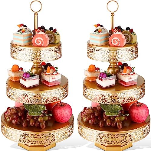 2 Pcs Cupcake 3 Tiered Metal Dessert Stand Round Cupcake Tower Cake Holder Stand Tiered Serving Tray for Wedding