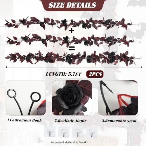 2 Pcs Dark Red Artificial Garland, Roses Flower Garland, alternate view 3