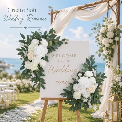 2 PCS Dusty Blue Wedding Arch Flower Swags, 23.6 & 15.7 inch Artificial Floral Decor for Welcome Sign, White, alternate view