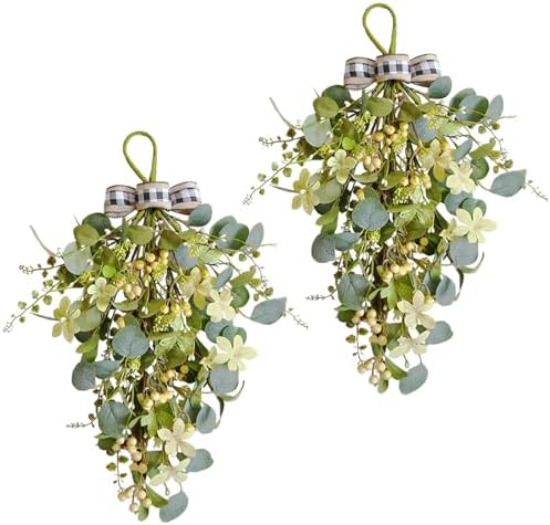 2 Pcs Eucalyptus Leave Swags, Greenery Teardrop Swag with Berries and Bow, 20 Inch Spring Summer Floral Swags