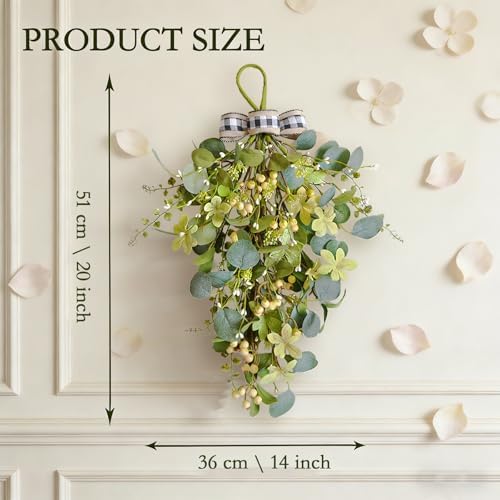 2 Pcs Eucalyptus Leave Swags, Greenery Teardrop Swag with Berries and Bow, 20 Inch Spring Summer Floral Swags, alternate view
