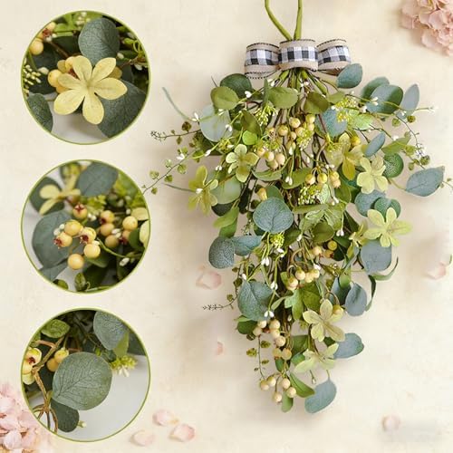 2 Pcs Eucalyptus Leave Swags, Greenery Teardrop Swag with Berries and Bow, 20 Inch Spring Summer Floral Swags, alternate view