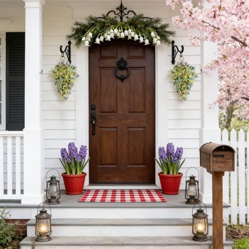 2 Pcs Eucalyptus Leave Swags, Greenery Teardrop Swag with Berries and Bow, 20 Inch Spring Summer Floral Swags, alternate view