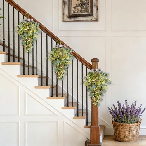 2 Pcs Eucalyptus Leave Swags, Greenery Teardrop Swag with Berries and Bow, 20 Inch Spring Summer Floral Swags, alternate view