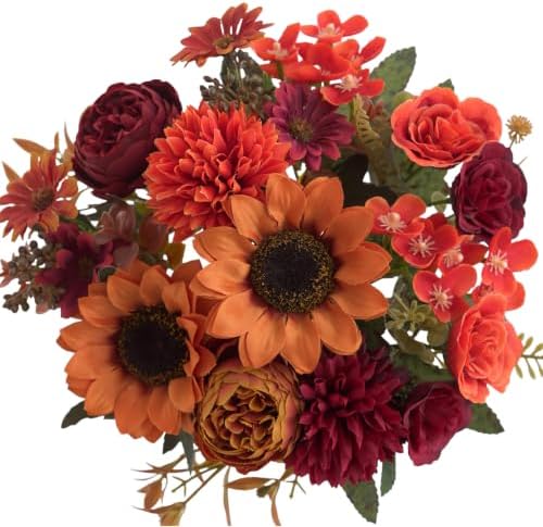 2 Pcs Fall Artificial Sunflower Peony Bouquet, Burnt Orange Burgundy Silk Faux Flower, Autumn Faux Floral