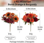 2 Pcs Fall Artificial Sunflower Peony Bouquet, Burnt Orange Burgundy Silk Faux Flower, Autumn Faux Floral, alternate view 2