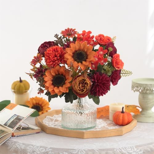 2 Pcs Fall Artificial Sunflower Peony Bouquet, Burnt Orange Burgundy Silk Faux Flower, Autumn Faux Floral, alternate view 3