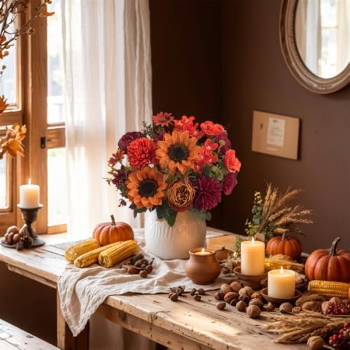 2 Pcs Fall Artificial Sunflower Peony Bouquet, Burnt Orange Burgundy Silk Faux Flower, Autumn Faux Floral, alternate view 4