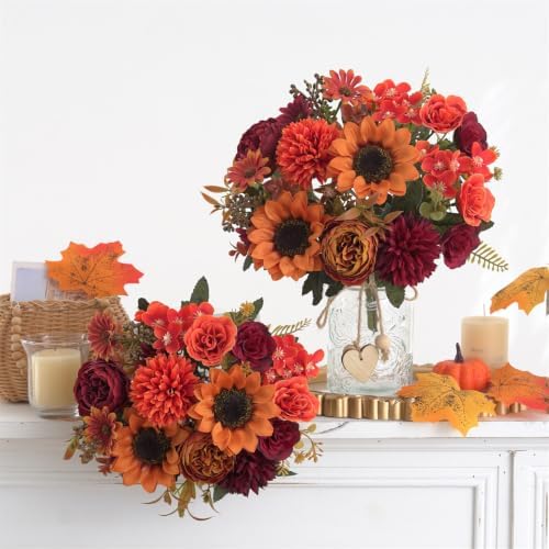 2 Pcs Fall Artificial Sunflower Peony Bouquet, Burnt Orange Burgundy Silk Faux Flower, Autumn Faux Floral, alternate view 5