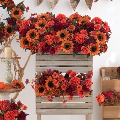 2 Pcs Fall Artificial Sunflower Peony Bouquet, Burnt Orange Burgundy Silk Faux Flower, Autumn Faux Floral, alternate view 6