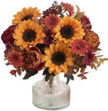 2 Pcs Fall Artificial Sunflower Peony Bouquet, Yellow Burgundy Silk Faux Flower, Autumn Faux Floral Arrangements