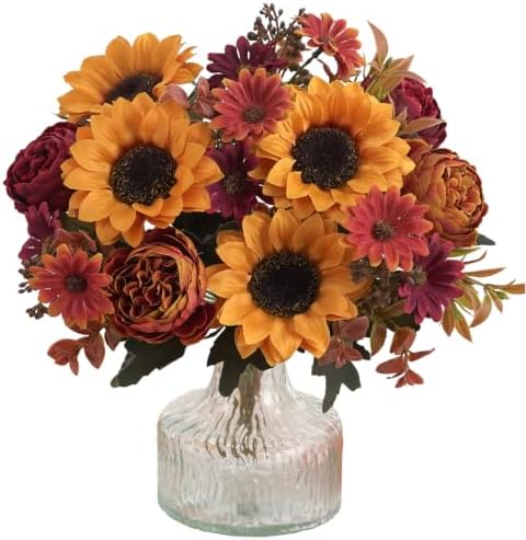 2 Pcs Fall Artificial Sunflower Peony Bouquet, Yellow Burgundy Silk Faux Flower, Autumn Faux Floral Arrangements