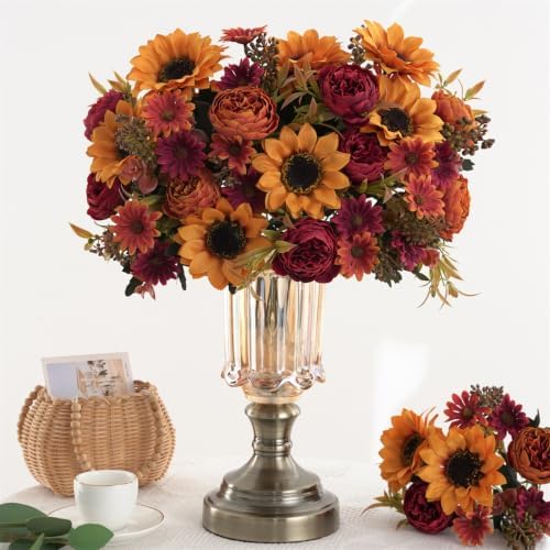 2 Pcs Fall Artificial Sunflower Peony Bouquet, Yellow Burgundy Silk Faux Flower, Autumn Faux Floral Arrangements, alternate